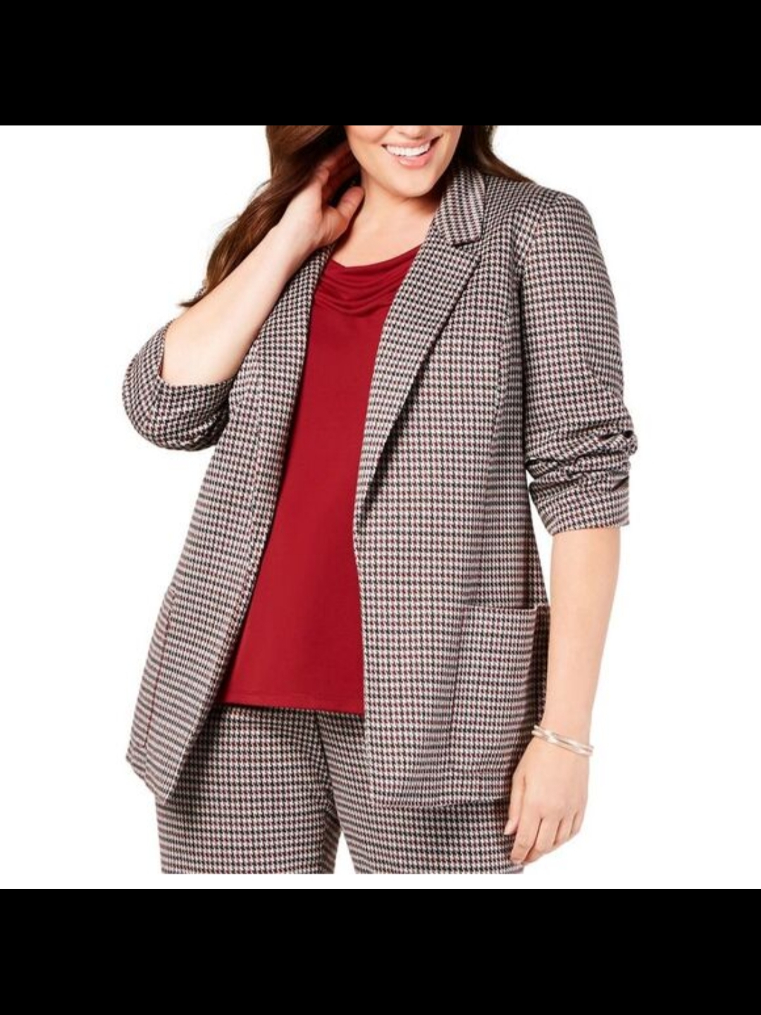 Nine West Plus-Size Houndstooth Blazer In Black & White With Red Layering Top